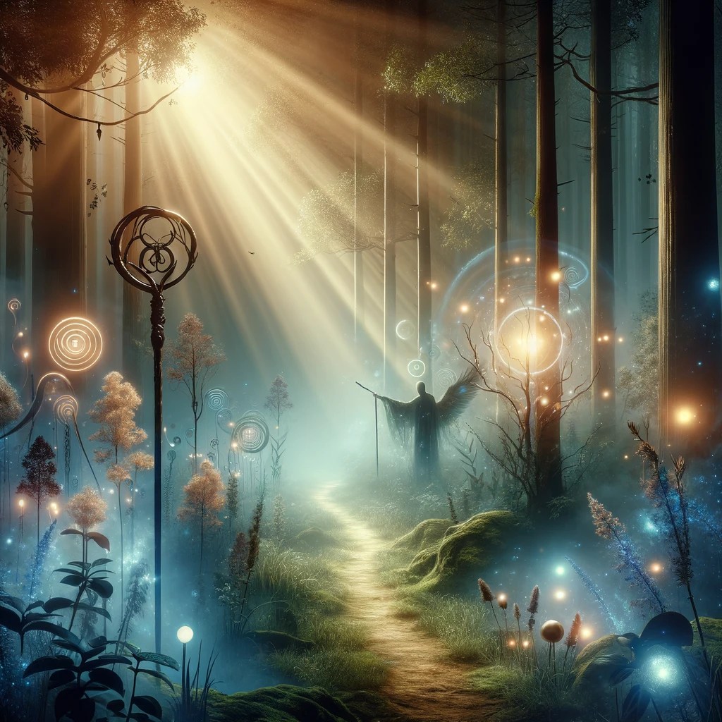 A powerful and serene scene depicting tough love on a spiritual level without people. The setting is a mystical forest with rays of light breaking through the dense canopy, symbolizing hope and enlightenment. Ethereal elements like floating orbs of light and softly glowing flora create an atmosphere of magic. The scene includes a path through the forest, with symbols of guidance and discipline, such as a sturdy staff or a guiding light. The overall mood should blend compassion, strength, and spiritual guidance, capturing the essence of tough love through natural and symbolic elements.